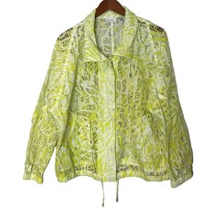 Chico's Neon Yellow Zebra Print Sheer See Through Mesh Full Zip Jacket Size XL